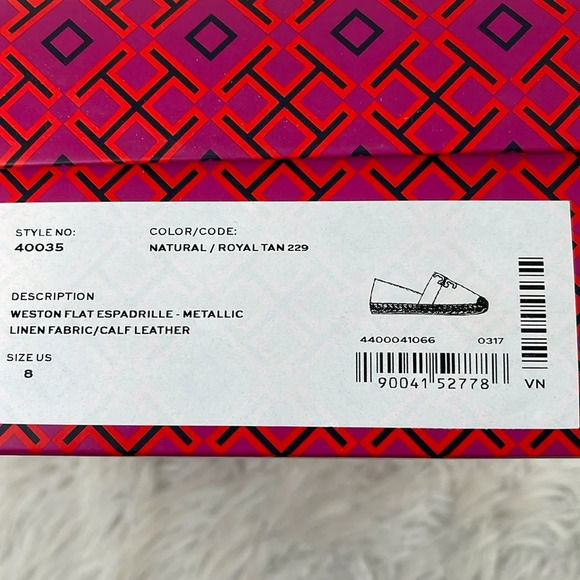 TORY BURCH WESTON FLAT ESPADRILLE METALLIC LINEN FABRIC CALF LEATHER SIZE 8 NEW - Picture 11 of 11